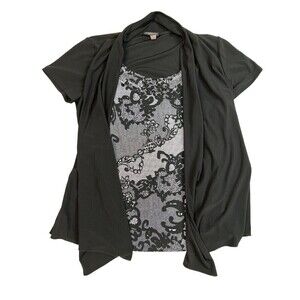 Vtg Perseption Petite 2-n-1 Women's Top Blouse Black White S/S Size Petite Large